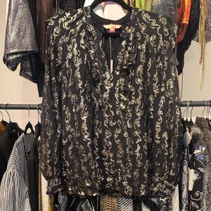 Lily Pulitzer Elegant Black and Gold Metallic Long Sleeve Sheer Top